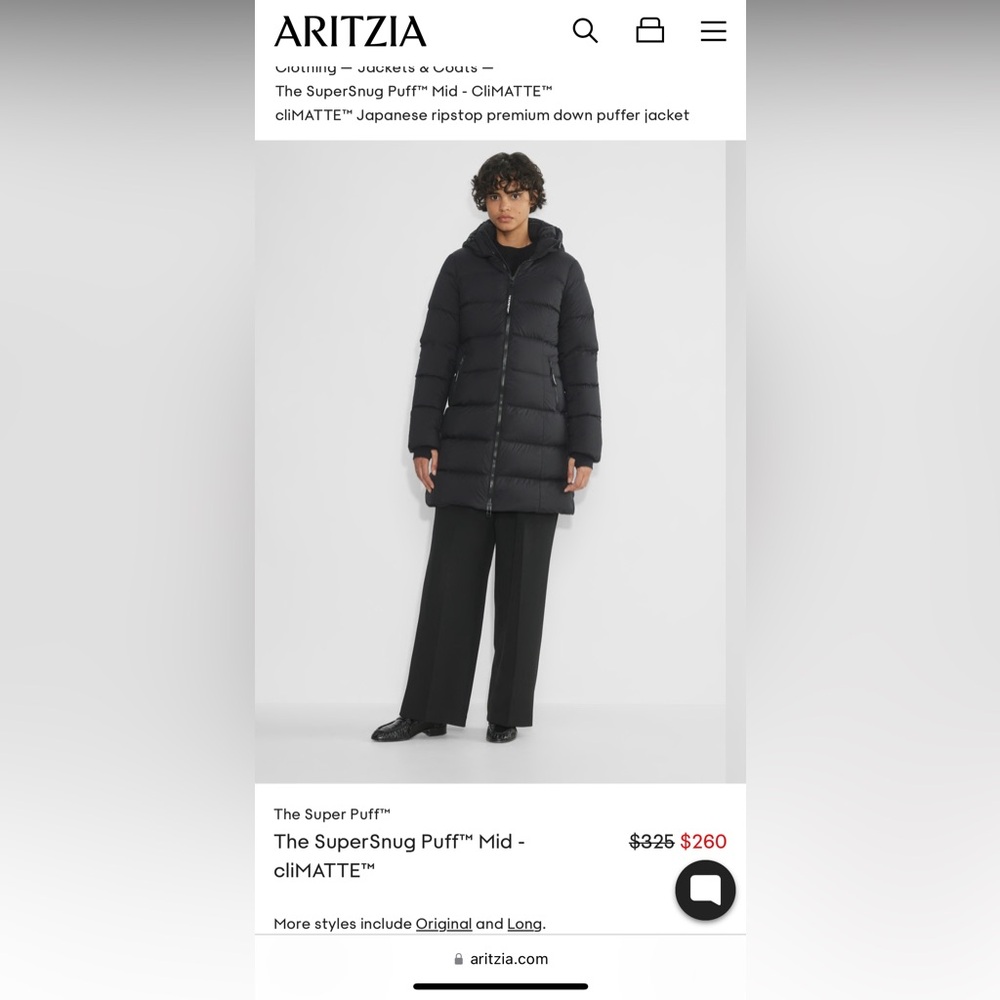 Aritzia Black SuperSnug Puff™ Mid CloMATTE Down Puffer Jacket